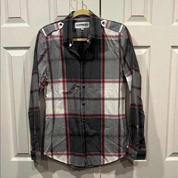 Express Men's Checkered Shirt - Charcoal, Crimson, and Ivory - Picture 1 of 10